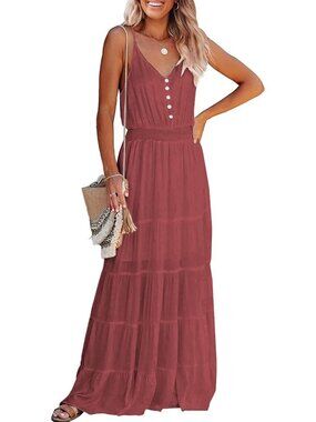 〽️Women's Wine Red Spaghetti Strap V Neck Flowy Maxi Dress Summer Sundress